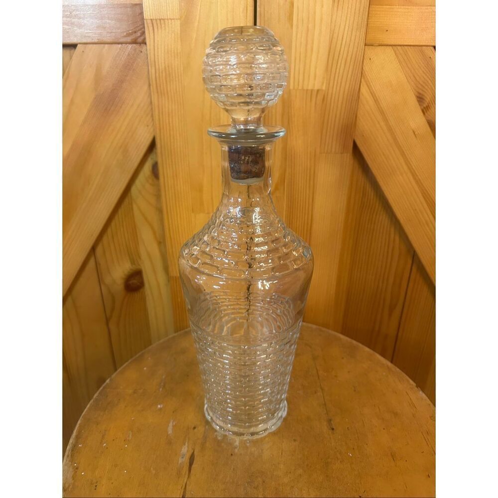 Vintage 1960s Clear Glass Decanter w/ Basket Weave Pattern (5575)